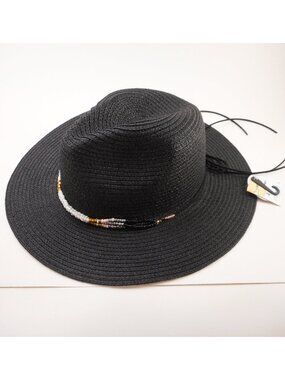 NWT Bindya New York Women's Black Woven Straw Cowgirl Style Hat Fall Beaded Trim